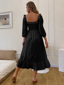 Square Neck Shirred Bodice Milkmaid Dress - Black - View 2