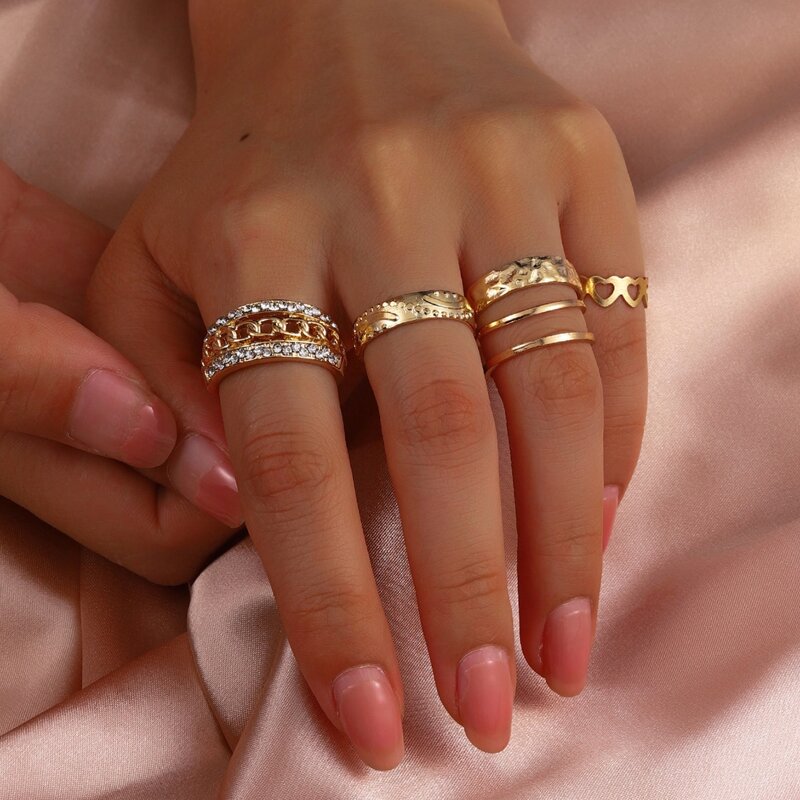 

5pcs Heart & Rhinestone Ring, Gold