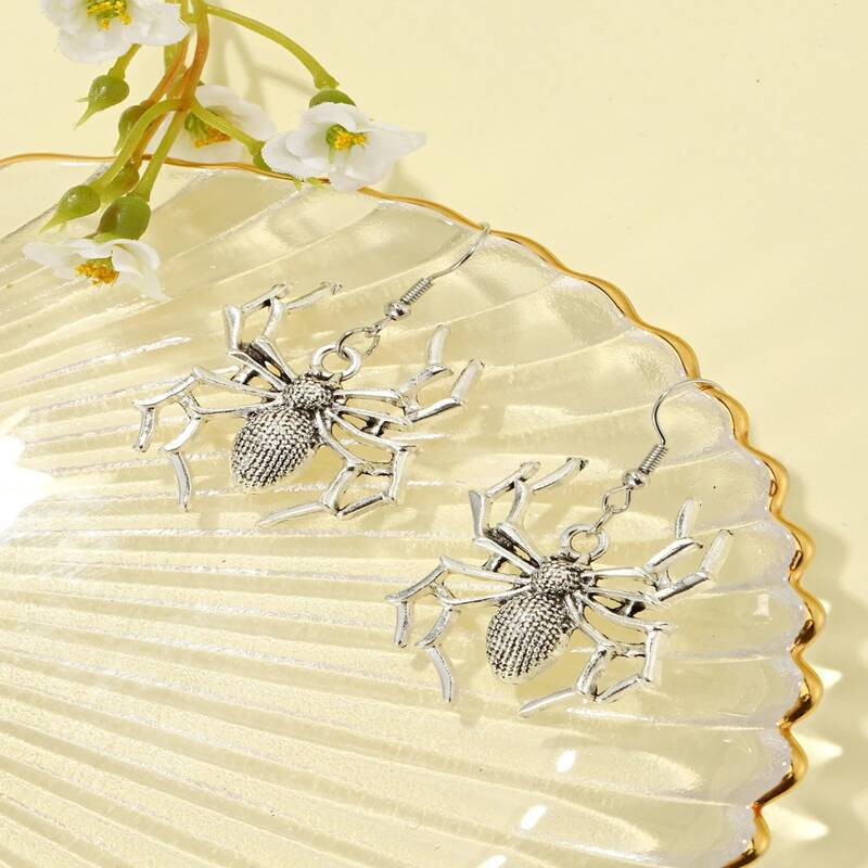 

Spider Drop Earrings, Antique silver
