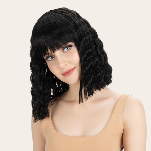 

Natural Short Curly Wig With Bangs, Black