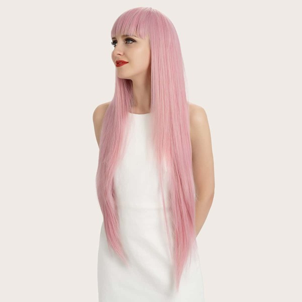 

Natural Long Straight Wig With Bangs, Pink