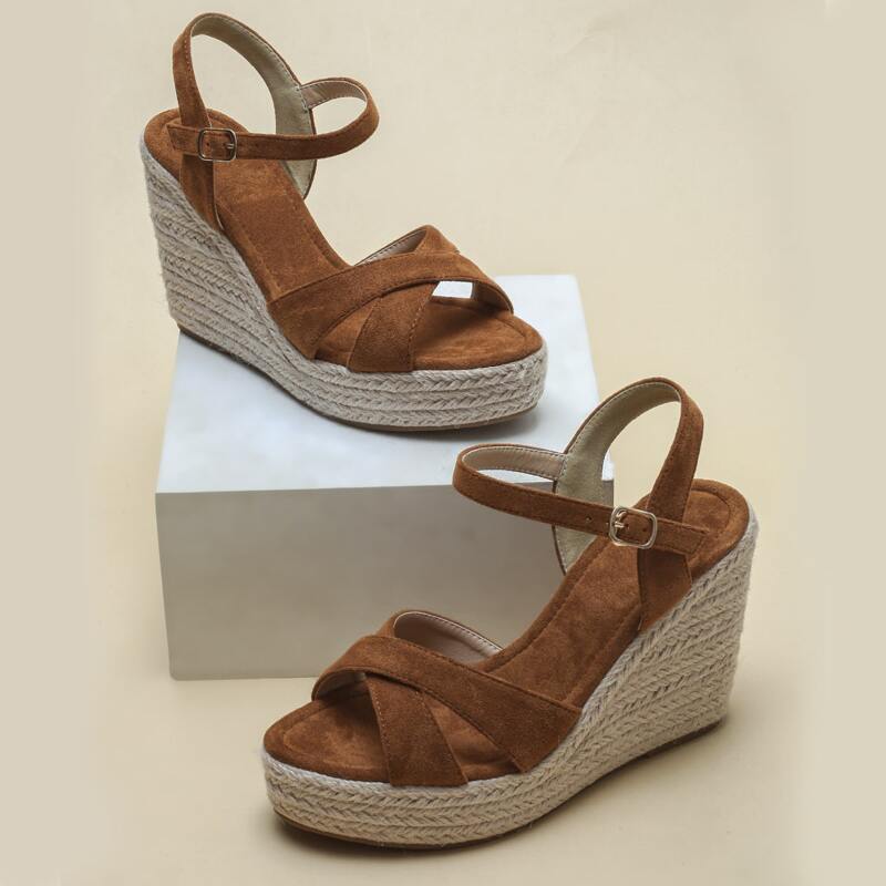 

Minimalist Cross Strap Wedge Sandals, Brown