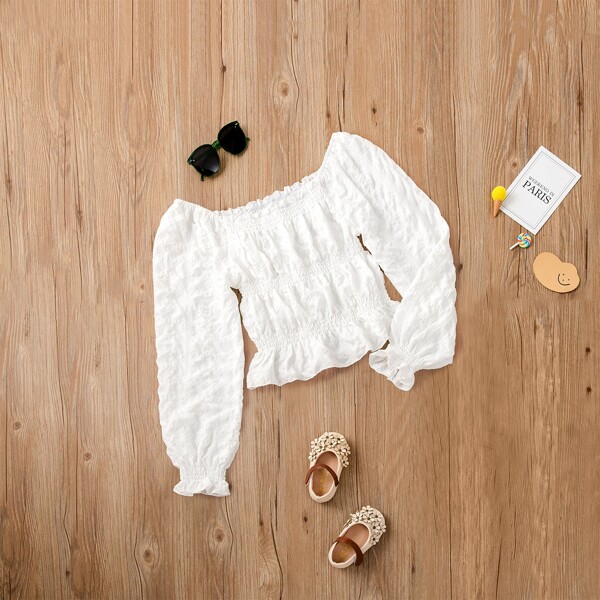 

Flounce Sleeve Shirred Ruffle Hem Blouse, White