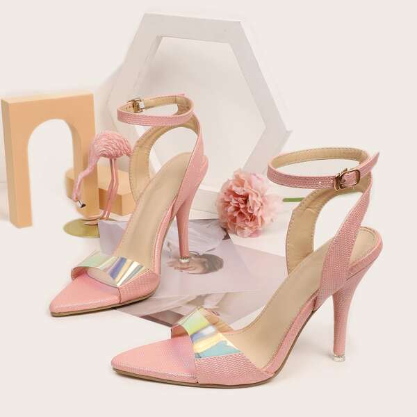 

Holographic Stiletto Ankle Strap Sandals, Pink