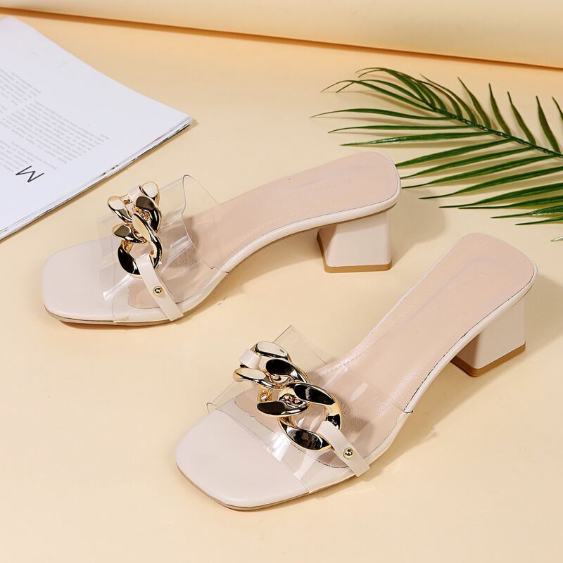

Chain Decor Sandal Mules, Apricot