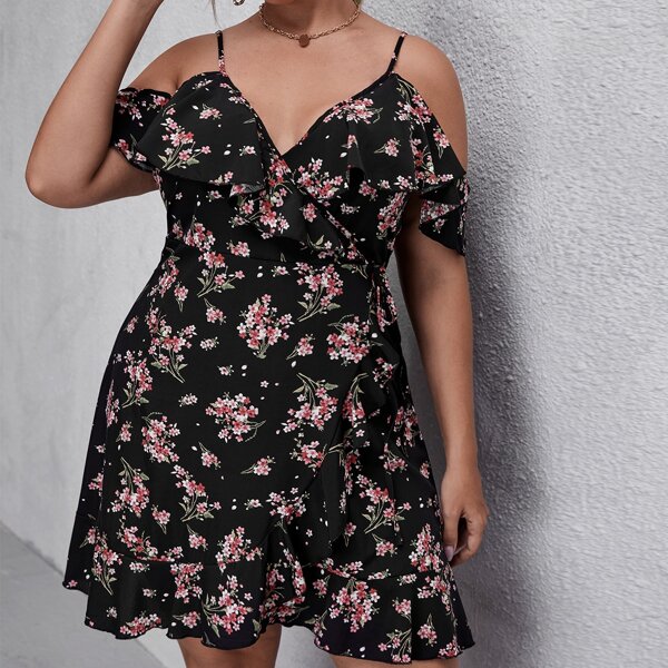 

Plus Allover Floral Print Cold Shoulder Wrap Dress, Multicolor