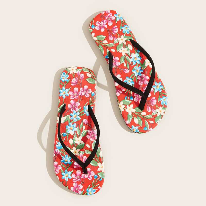 Floral Graphic Flip Flops, Red