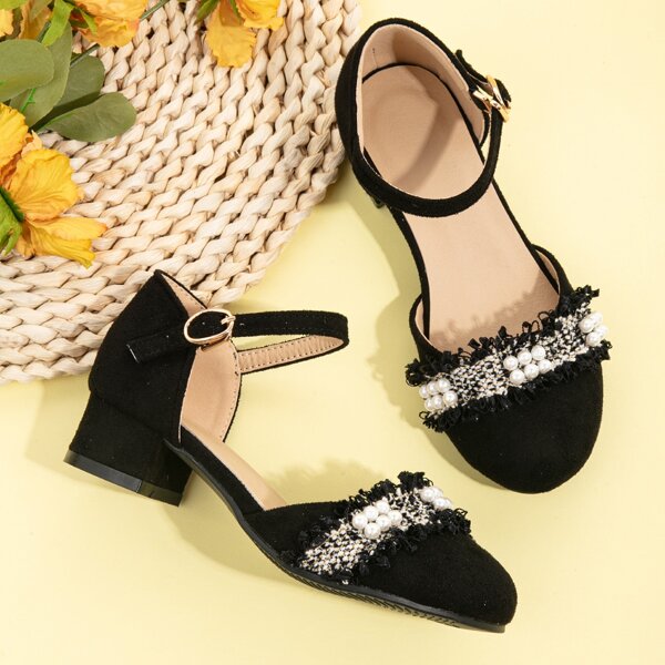 

Girls Faux Pearl Decor Ankle Strap Flats, Black