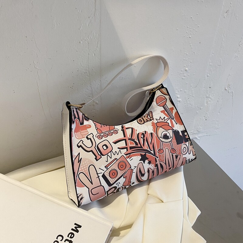 

Cartoon Words Print Shoulder Bag, Red