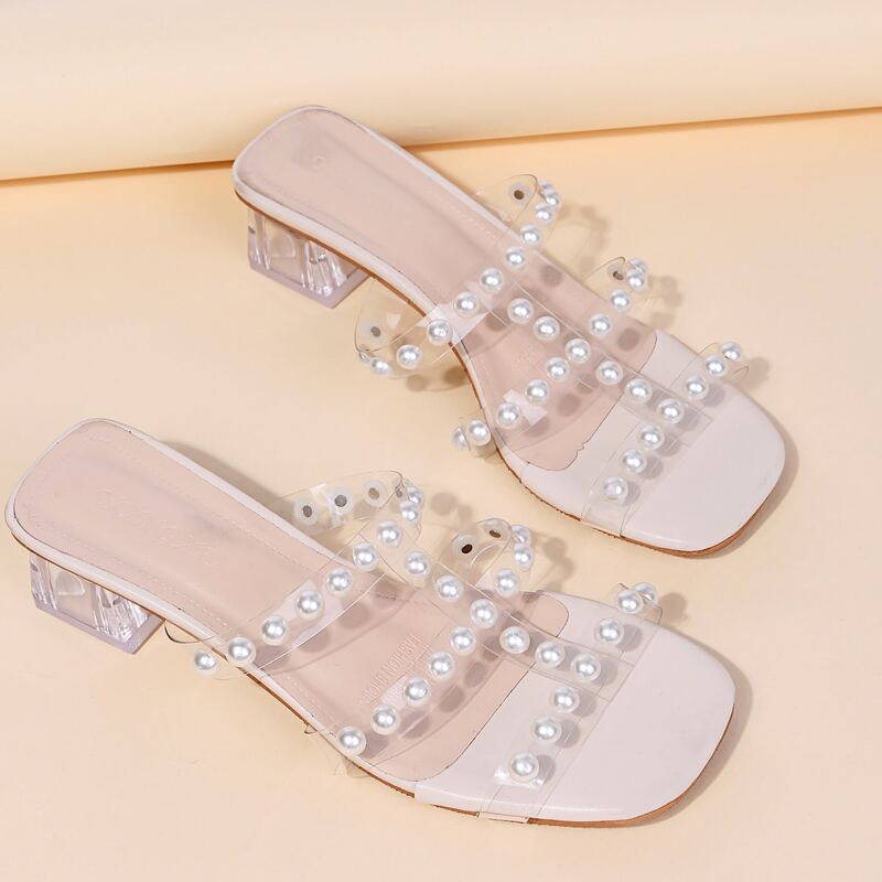 

Faux Pearl Decor Sandal Mules, Clear