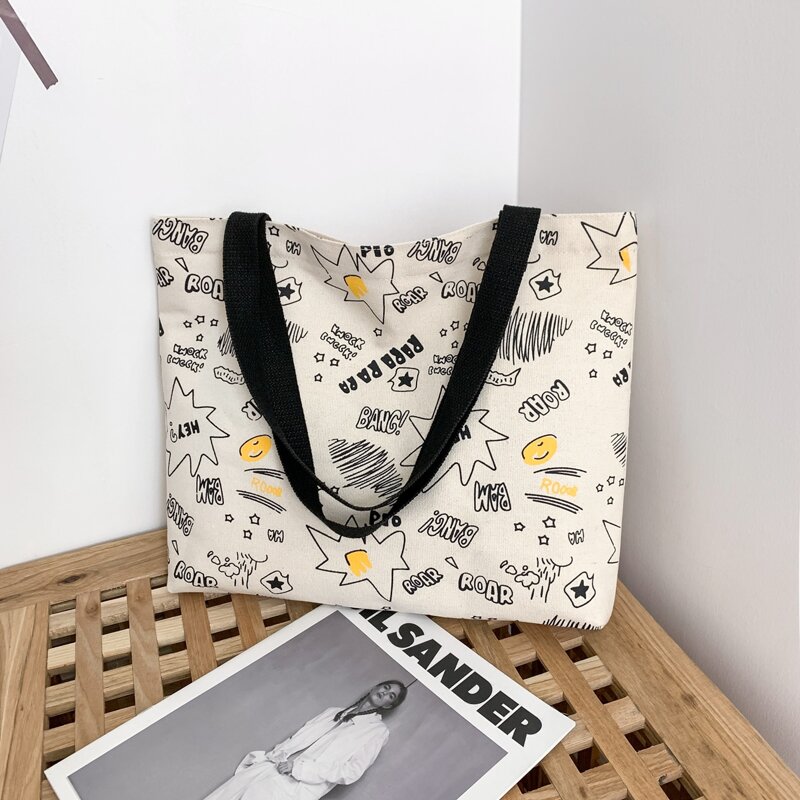 

Cartoon Words Print Tote Bag, White