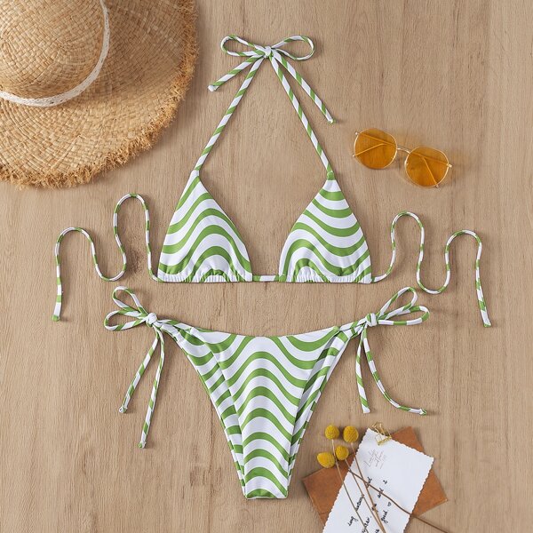 

Wave Print Halter Triangle Bikini Swimsuit, Multicolor