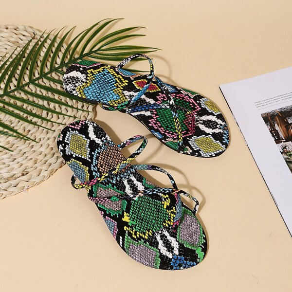 

Snakeskin Thin Strap Thong Sandals, Multicolor