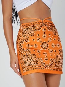 SHEIN BAE Paisley Print Self-Tie Vented Mini Skirt - Orange - View 4