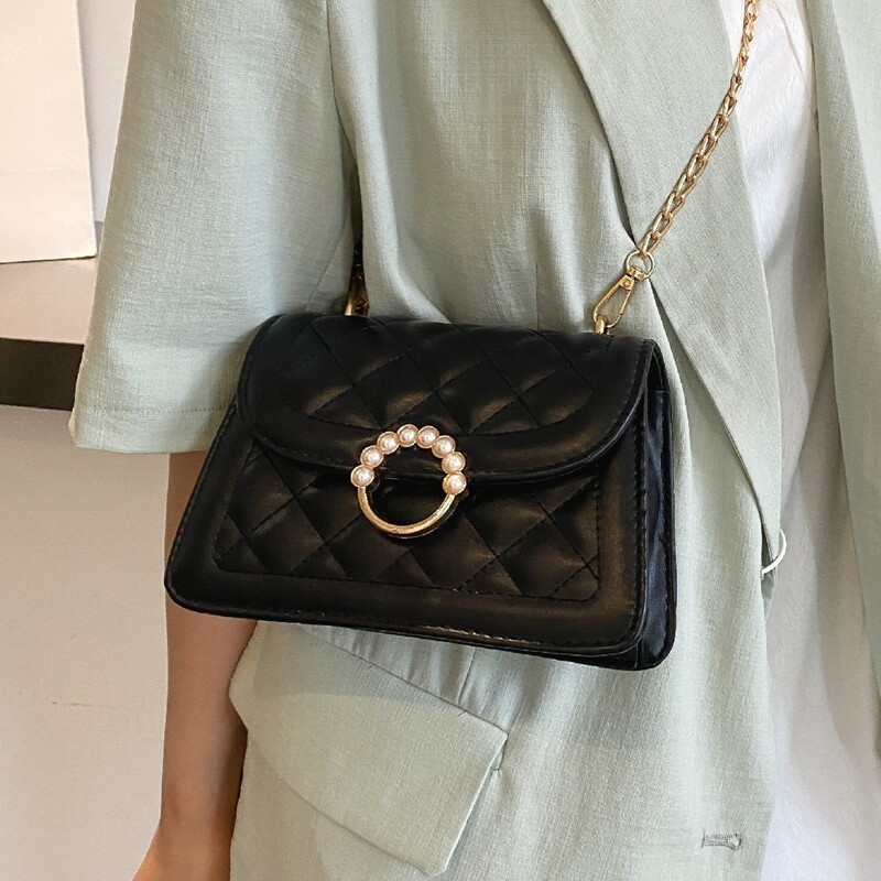 

Faux Pearl Decor Quilted Crossbody Bag, Black