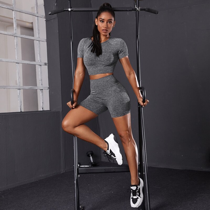 

Solid Round Neck Crop Sports Tee & Biker Shorts, Dark grey