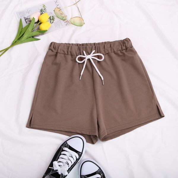 

Plus Solid Knot Waist Track Shorts, Coffee brown