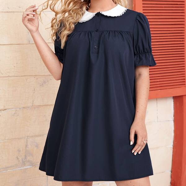 

Plus Peter Pan Collar Puff Sleeve Dress, Navy blue