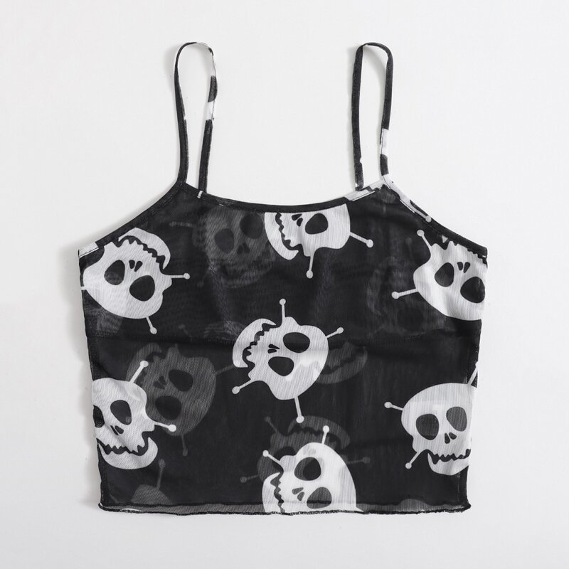 

Skull Graphic Mesh Crop Cami, Black and white