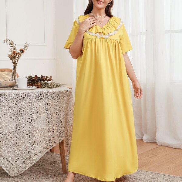 

Plus Lace Panel Ruffle Trim Night Dress, Yellow