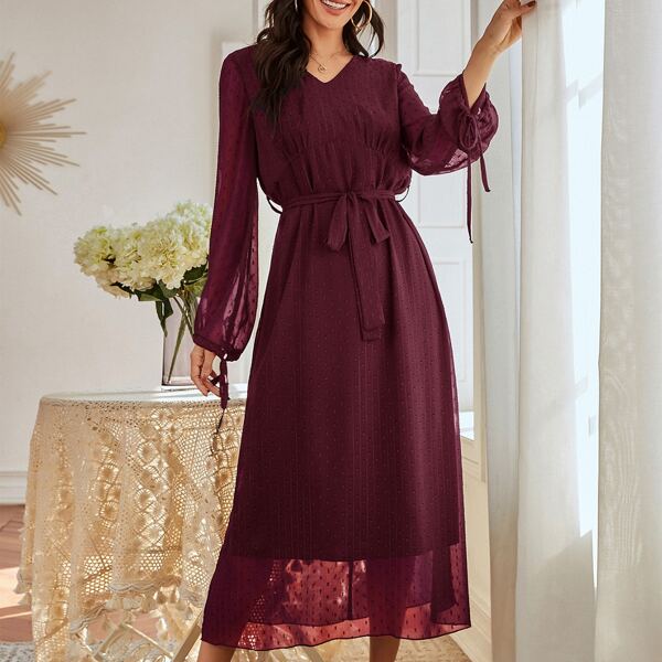 

Contrast Swiss Dot Mesh A-line Dress, Burgundy