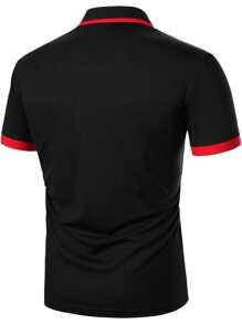 Manfinity Homme Men Contrast Binding Polo Shirt, Black And Red Polo Shirt, Men Golf Shirt, Short Sleeve Polo Shirt - Black - View 2