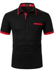 Manfinity Homme Men Contrast Binding Polo Shirt, Black And Red Polo Shirt, Men Golf Shirt, Short Sleeve Polo Shirt - Black - View 3