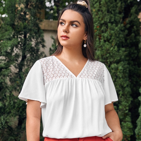 

Plus Flutter Sleeve Lace Yoke Top, White