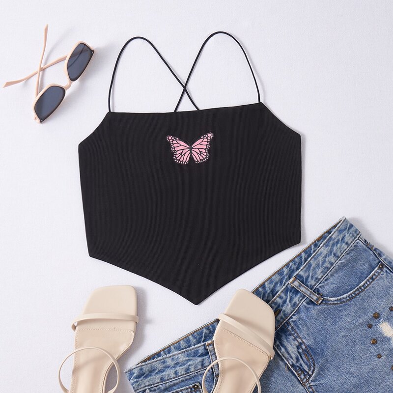 

Butterfly Graphic Ribbed Lace Up Cami, Black