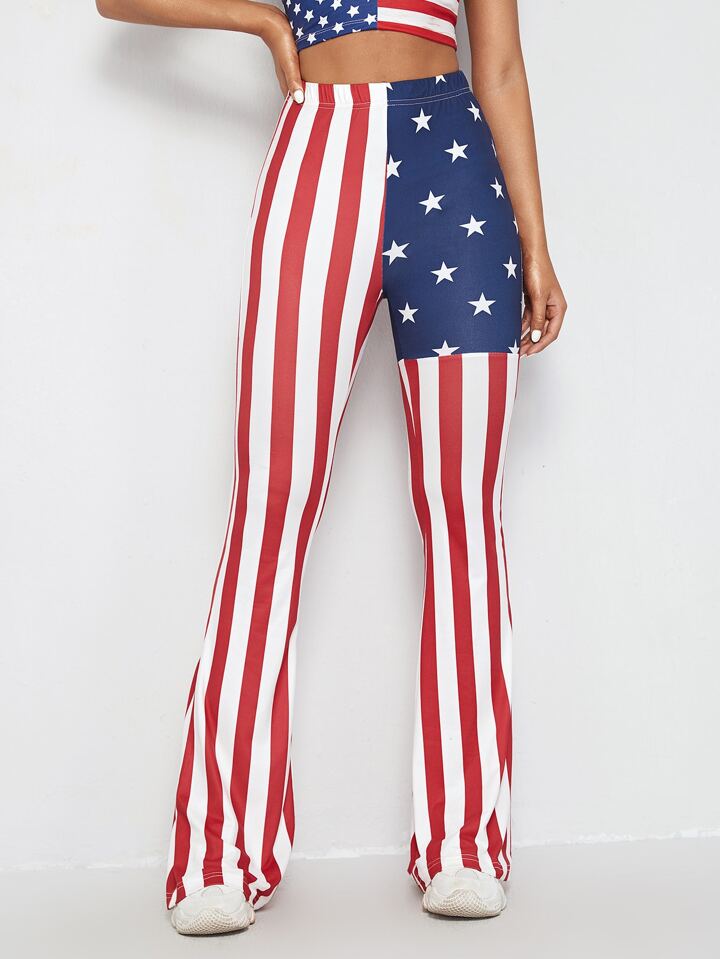 SHEIN Stars and Stripes Print Flare Leg Trousers