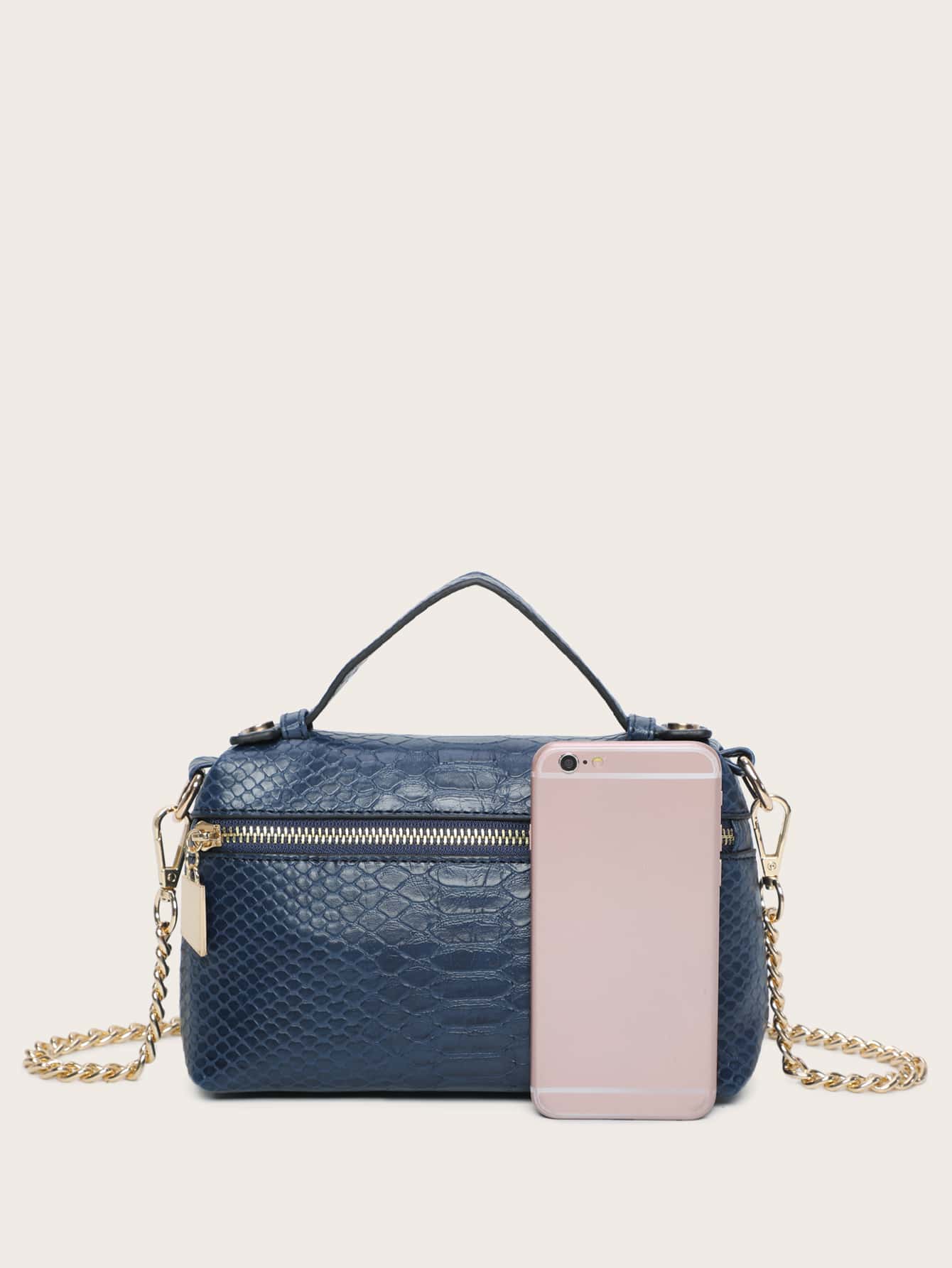 蛇皮紋壓花手提包 - 藍色 - 查看 3