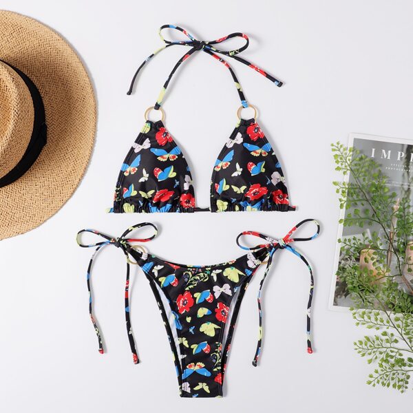 

Floral Print Triangle Thong Bikini Swimsuit, Multicolor
