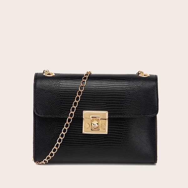 

Faux Lizard Leather Chain Crossbody Bag, Black