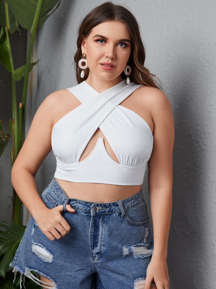Plus Wrap Front Crop Top - White - View 1