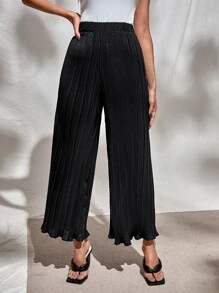 Chiquease 百褶木耳邊闊腿褲 - 黑色 - 查看 3