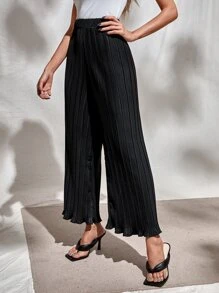 Chiquease 百褶木耳邊闊腿褲 - 黑色 - 查看 4
