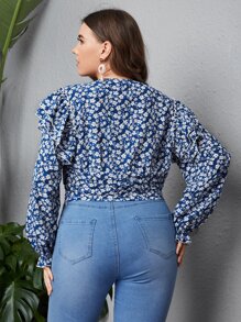 SHEIN Unity 大碼荷葉邊小碎花襯衫 - 藍色 - 查看 2