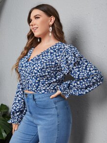 SHEIN Unity 大碼荷葉邊小碎花襯衫 - 藍色 - 查看 3