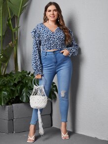 SHEIN Unity 大碼荷葉邊小碎花襯衫 - 藍色 - 查看 4