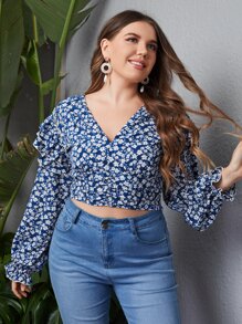 SHEIN Unity 大碼荷葉邊小碎花襯衫 - 藍色 - 查看 5