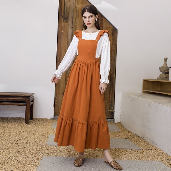

Ruffle Trim Overall Dress Without Blouse, Burnt orange