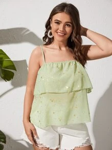 Plus Gold Star Print Ruffle Trim Cami Top - Green - View 1