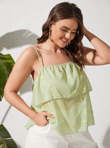 Plus Gold Star Print Ruffle Trim Cami Top - Green - View 3