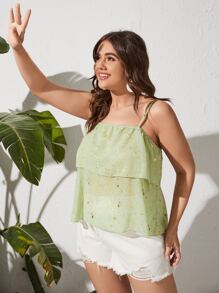 Plus Gold Star Print Ruffle Trim Cami Top - Green - View 4