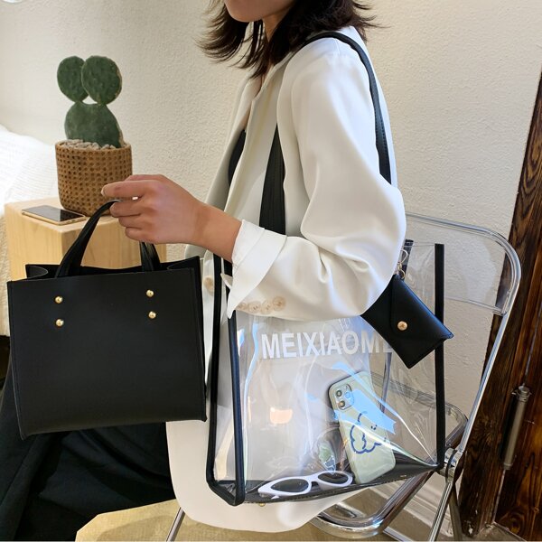

3pcs Clear Letter Graphic Bag Sets, Black