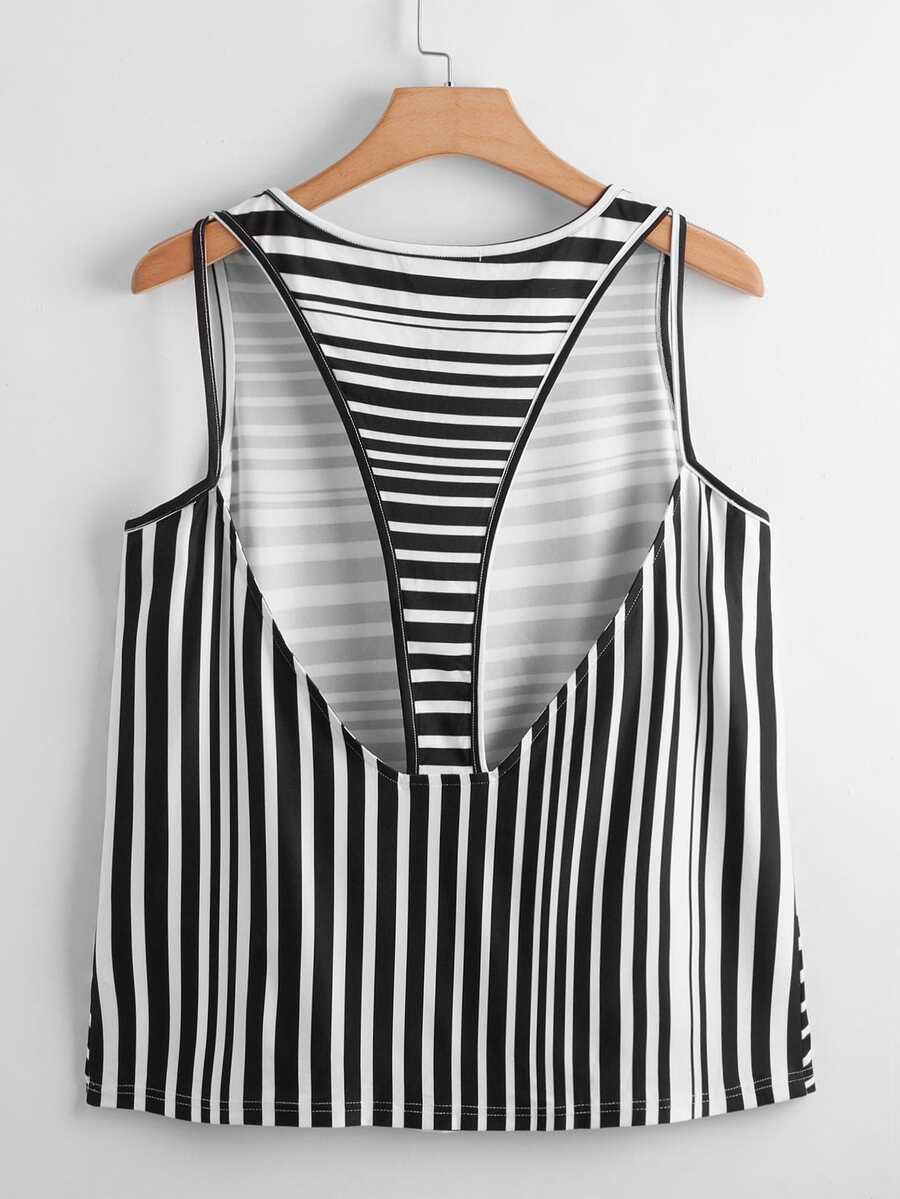 大碼條紋印花鏤空背心上衣 - 黑與白 - 查看 1