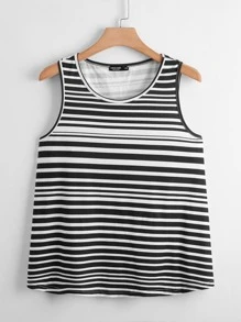 大碼條紋印花鏤空背心上衣 - 黑與白 - 查看 2