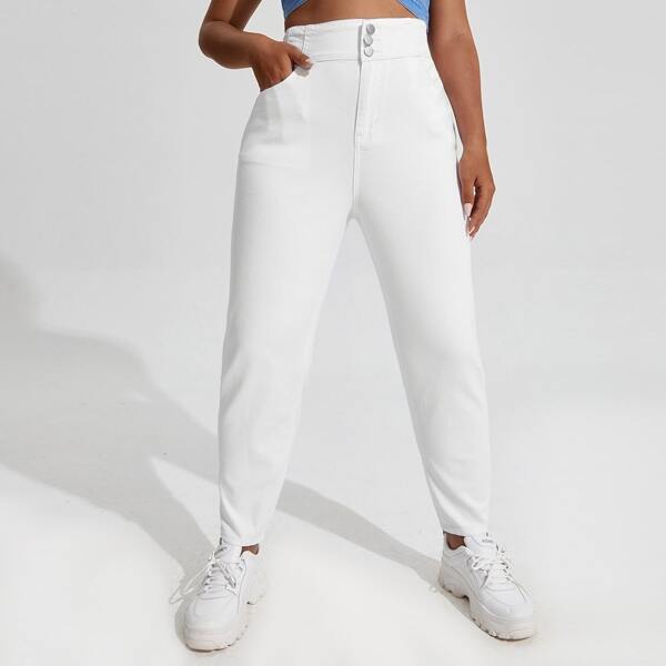 

Plus High Stretch Button Wide Waistband Skinny Jeans, White