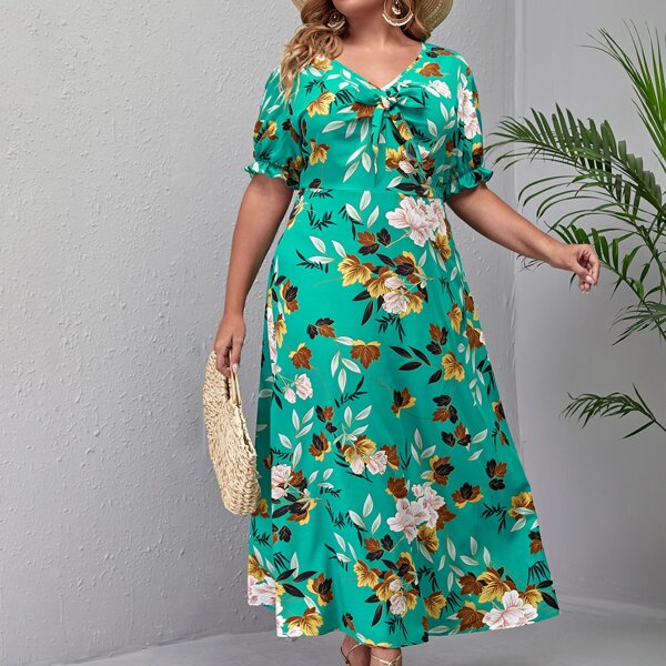 

Plus Floral Print Flounce Sleeve A-line Dress, Multicolor