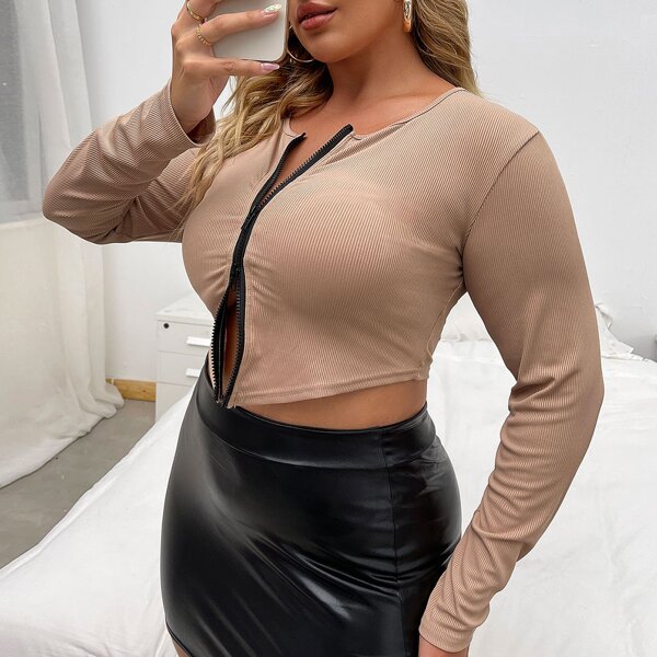 

Plus Zip Up Rib-knit Top, Apricot